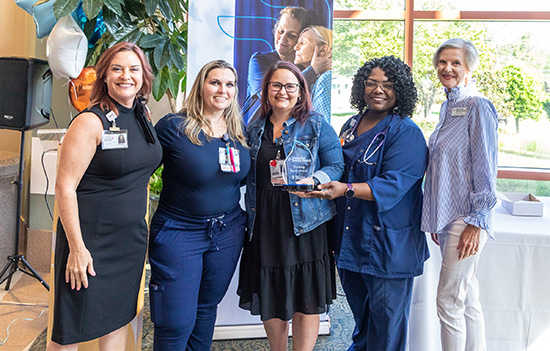 Nursing Team Award: CNO Celeste Brizzee, 3-Main colleagues – Kara Flanagan, Dara Lanier (manager) and Charlotte Moody, Board of Trustees member Barbara Miller.
